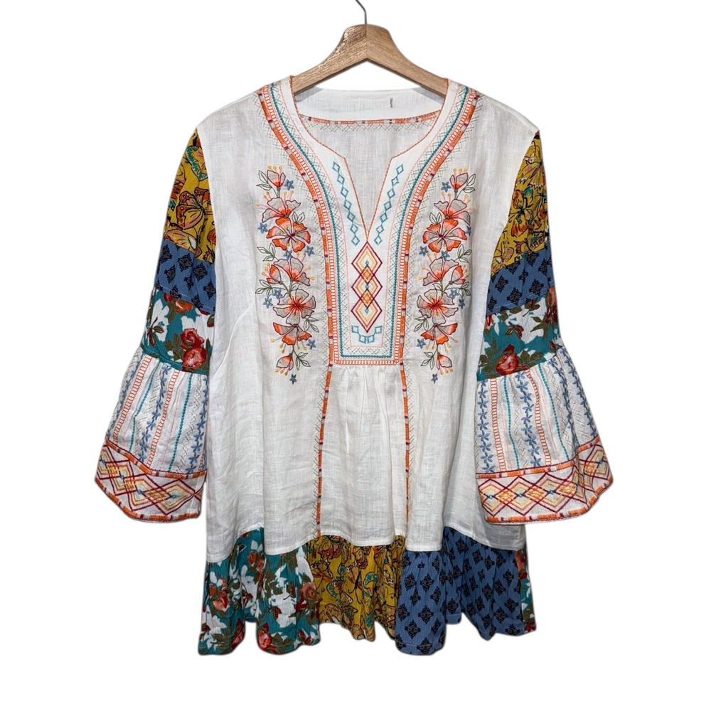 John Mark Floral Embroidered Patchwork Linen Top … - image 1